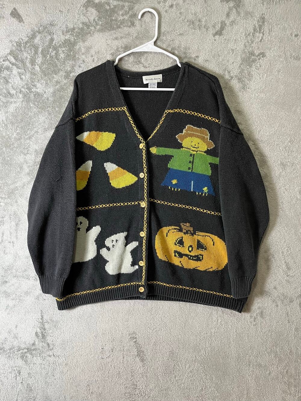 Vintage Halloween Pumpkin Scarecrow Ghost Cardigan Fall Whimsical Sweater Large